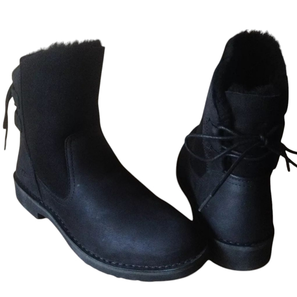 UGG Naiyah Pale Black Fur Leather Lace-up Bow Ankle Booties